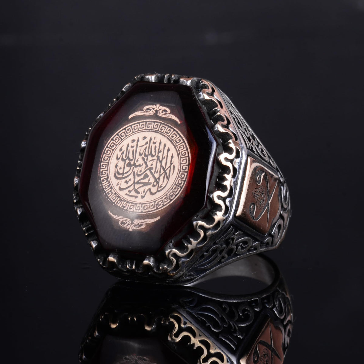 KAMBO Big Created Amber Stone Ring for Men – 925 Sterling Silver Islamic Ring with Shahada Inscription & Ottoman Tughra 