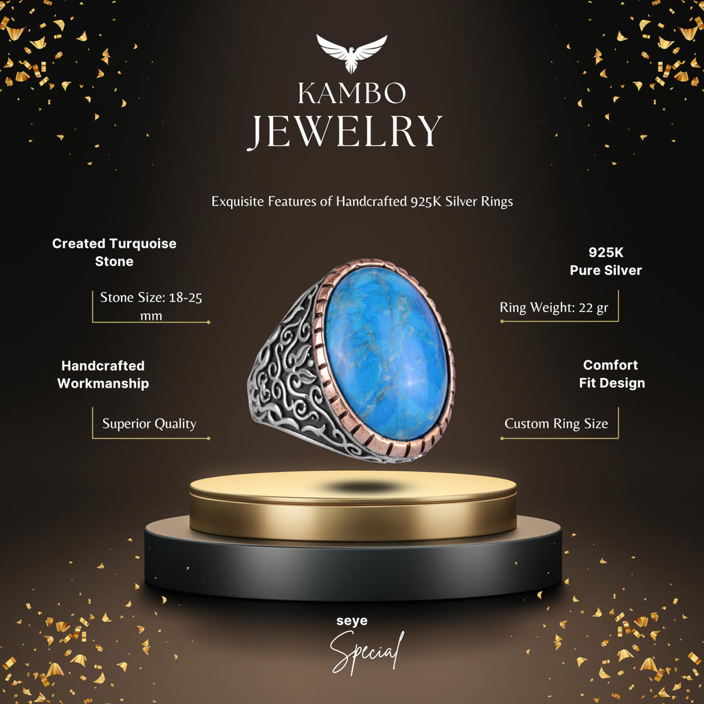 KAMBO Synthetic Stone Ring, 925 Sterling Silver Men's Ring, Big Ring (Synthetic Turquoise Stone) — 2
