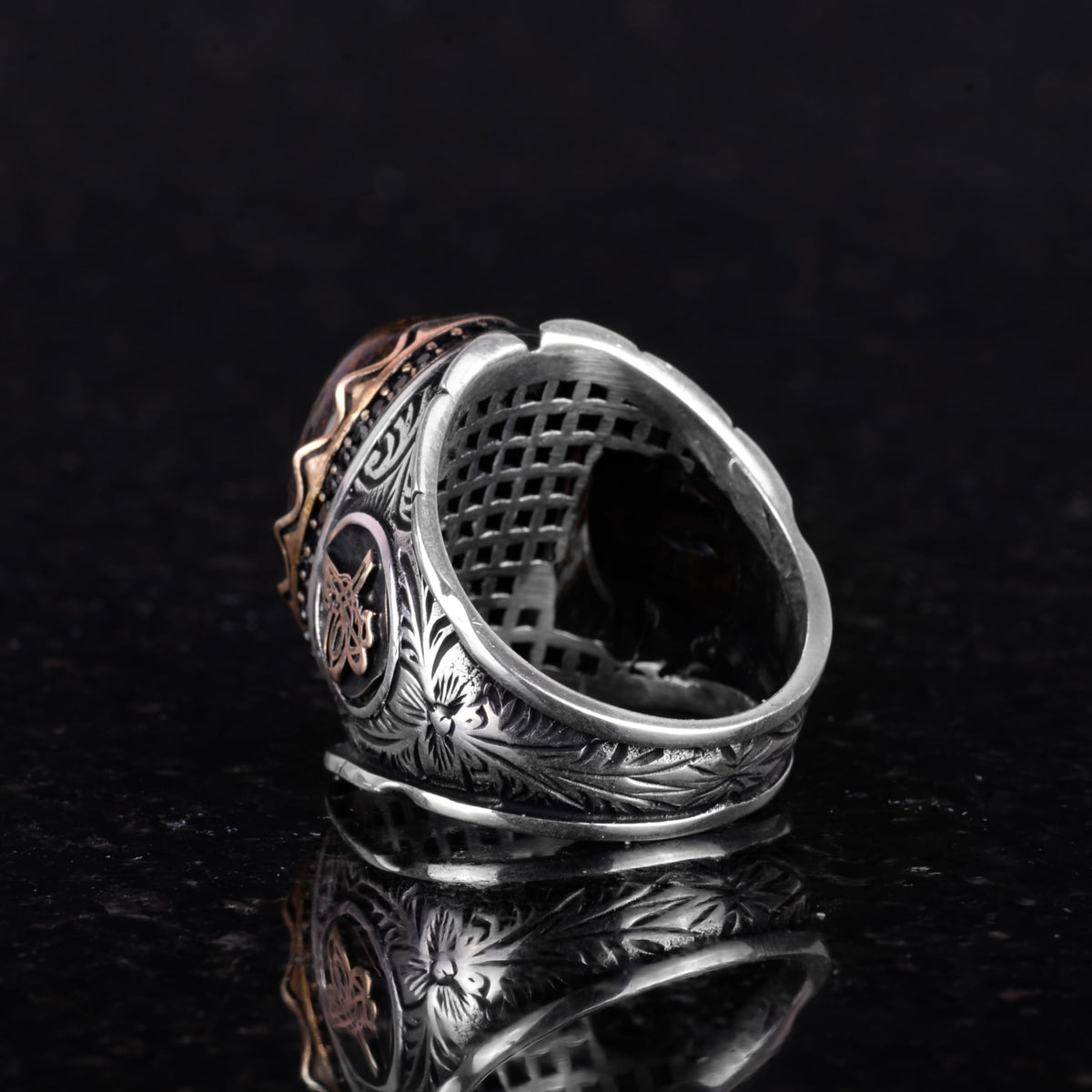 Natural Bronzie Stone Ring, 925 Sterling Silver Men's Ring, Ottoman Tughra Ring — 6