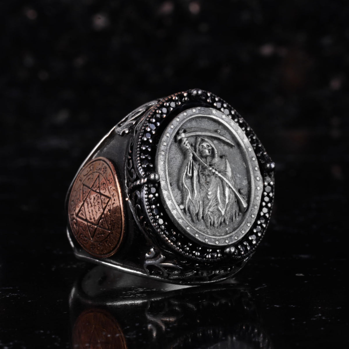 KAMBO Large Men's 925 Sterling Silver Ring – Bronze Star of David Detail – Symbolic Statement Ring (Azrael) — 6