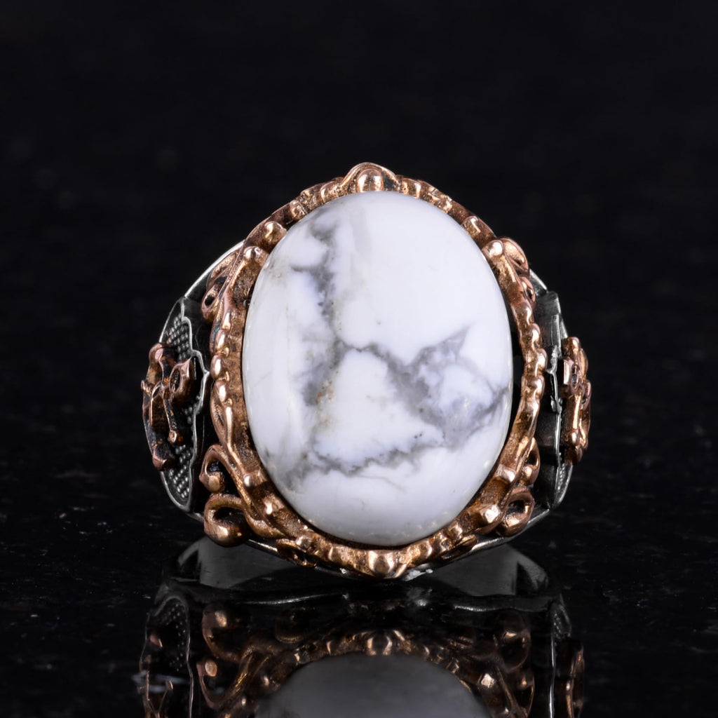Nautical Anchor Silver Ring, Natural Stone Ring, 925 Sterling Silver Ring (Howlite) — 6
