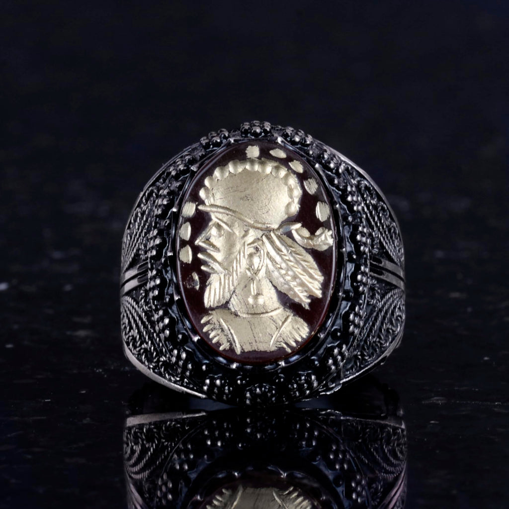 Natural Agate Stone Shaman Ring - Carved Native American Chief Ring, 925 Sterling Silver Men's Ring — 4