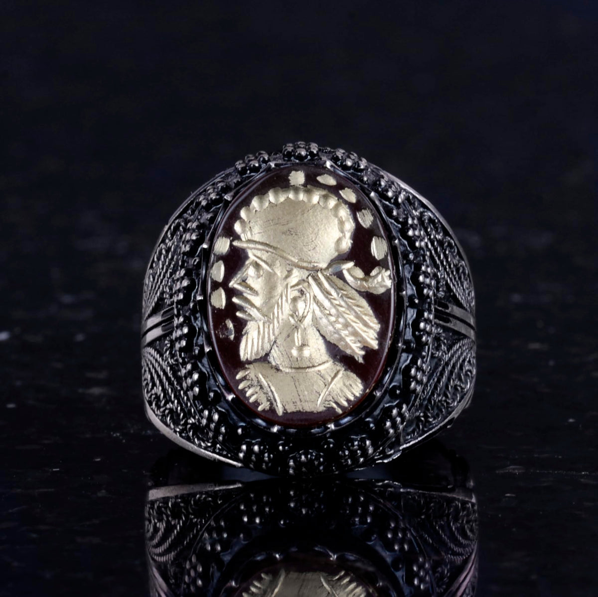 Natural Agate Stone Shaman Ring - Carved Native American Chief Ring, 925 Sterling Silver Men's Ring — 4