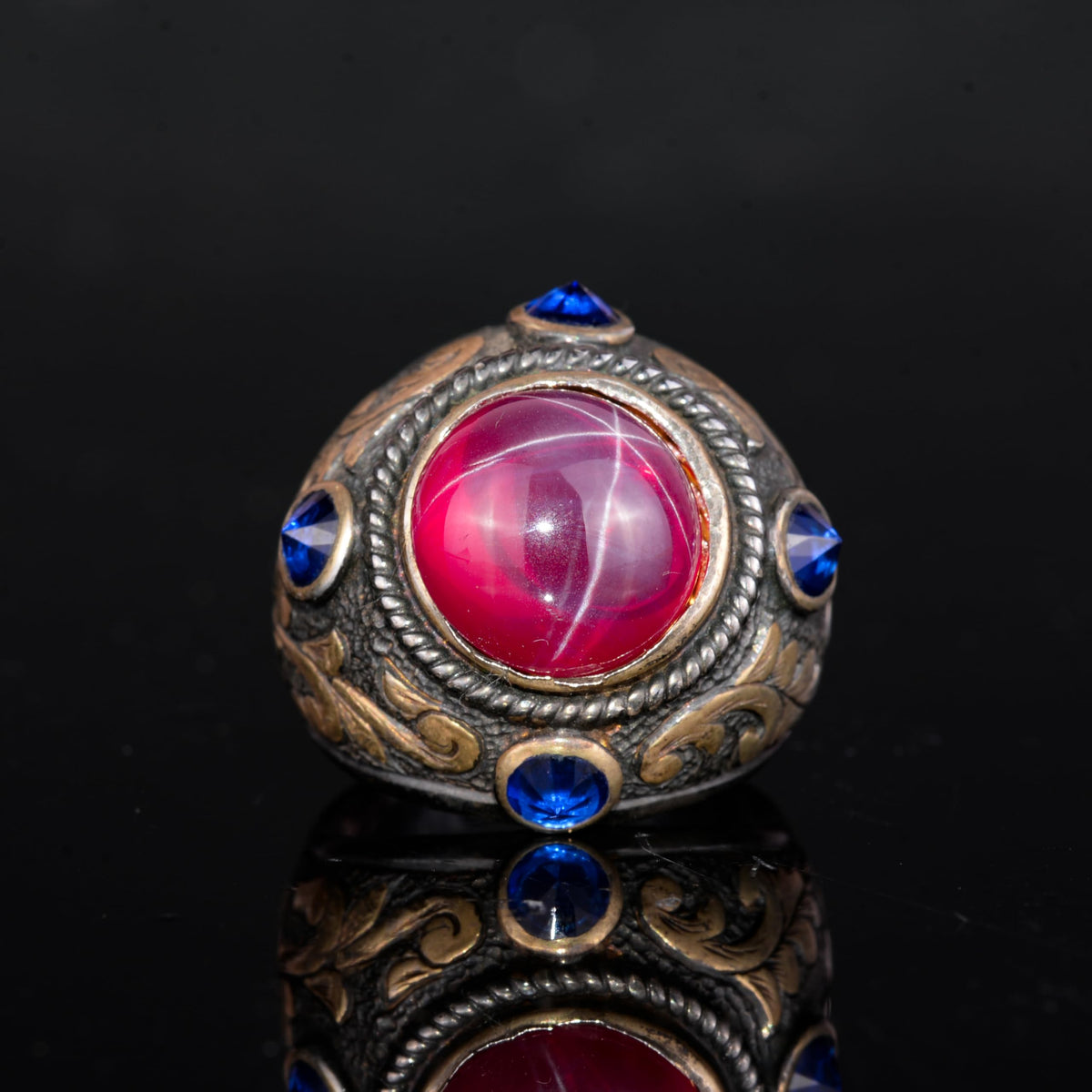 KAMBO Natural Star Ruby Stone Ring – 925 Sterling Silver Gold Plated Handmade Men's Ring – Round Stone Statement Jewelry — 4