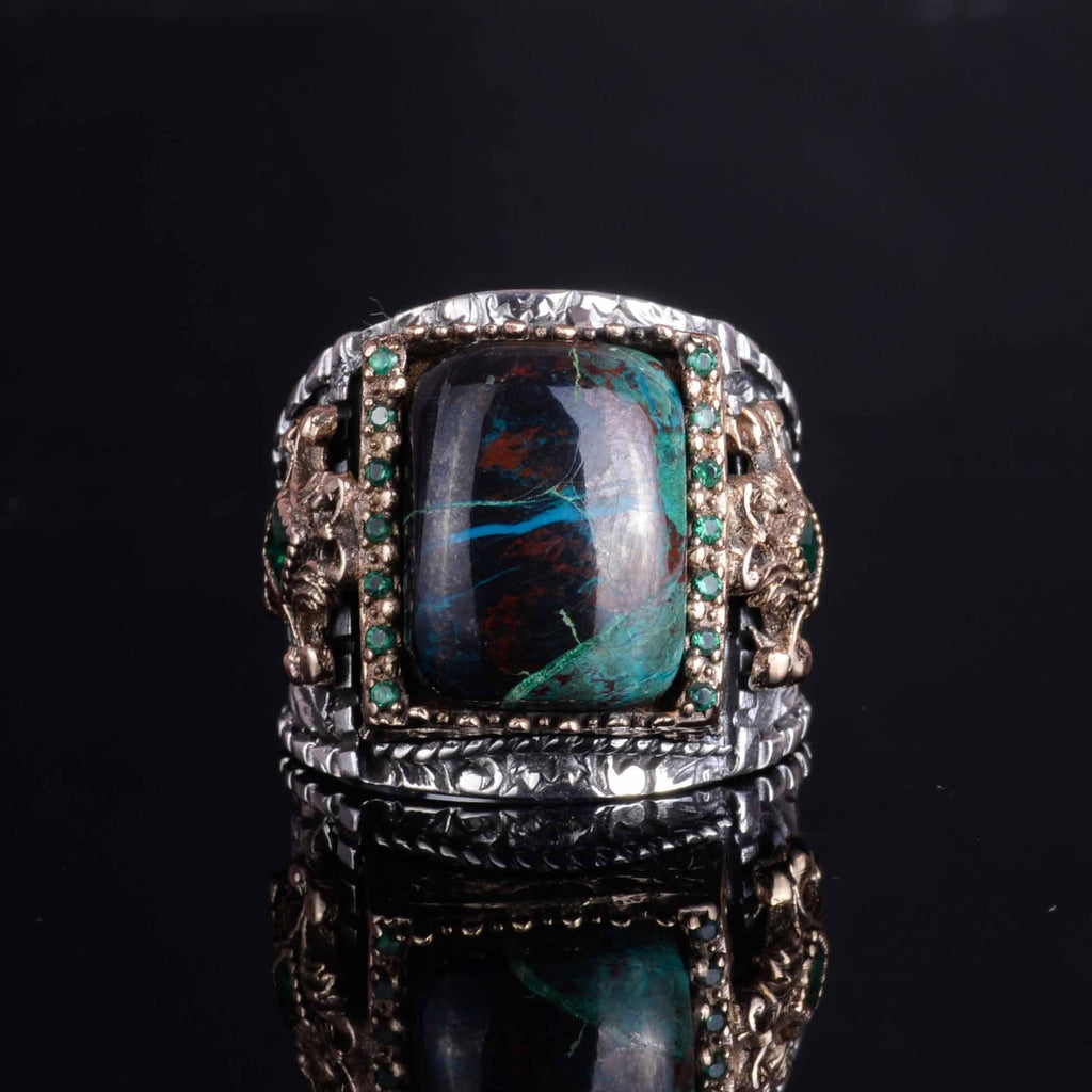KAMBO Natural Azurite Stone 925 Sterling Silver Men's Ring – Handmade Ottoman Style Statement Ring – Vintage Turkish Jewelry — 5