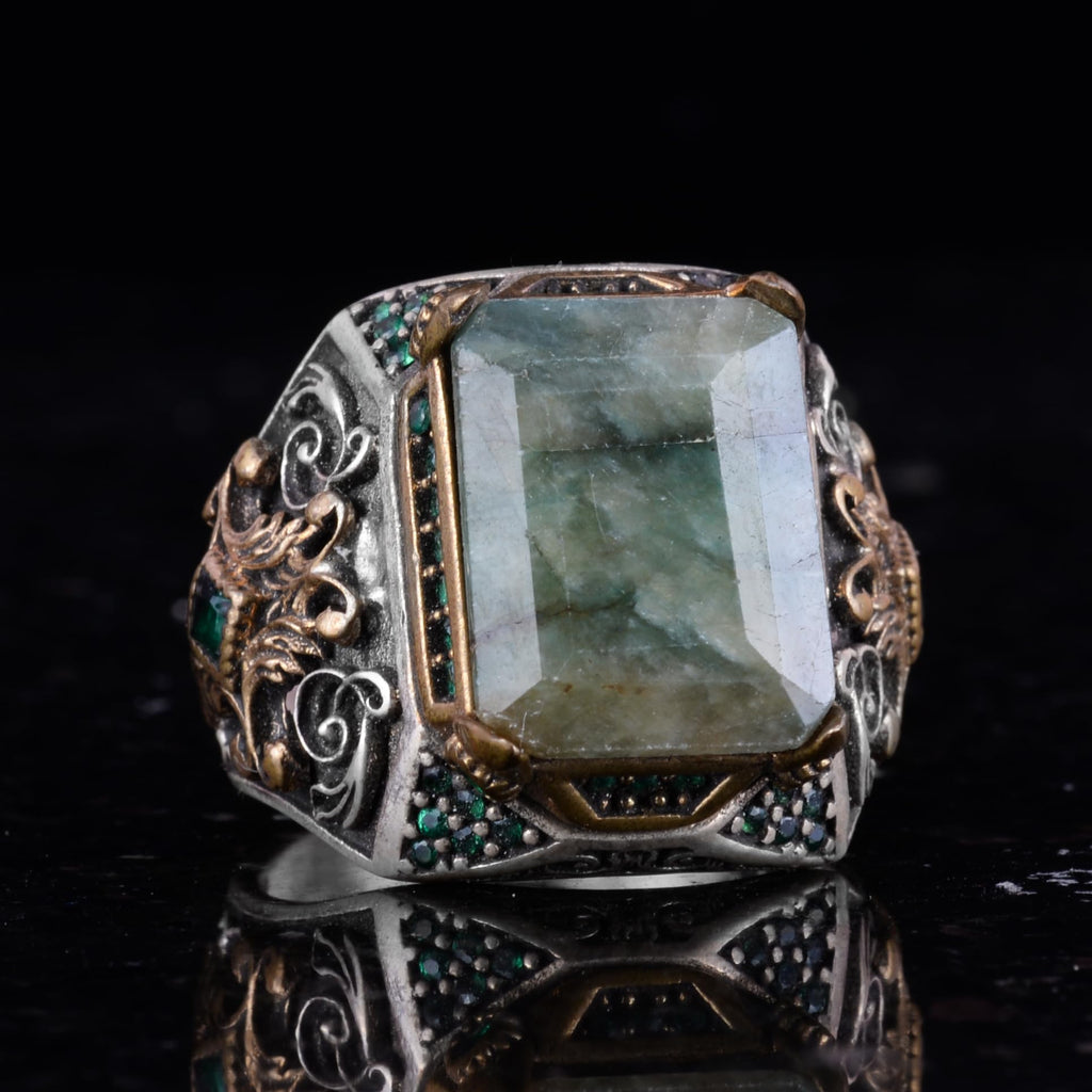 925 Sterling Silver Men's Ring with Real Emerald Stone – Handmade Vintage Design — 6