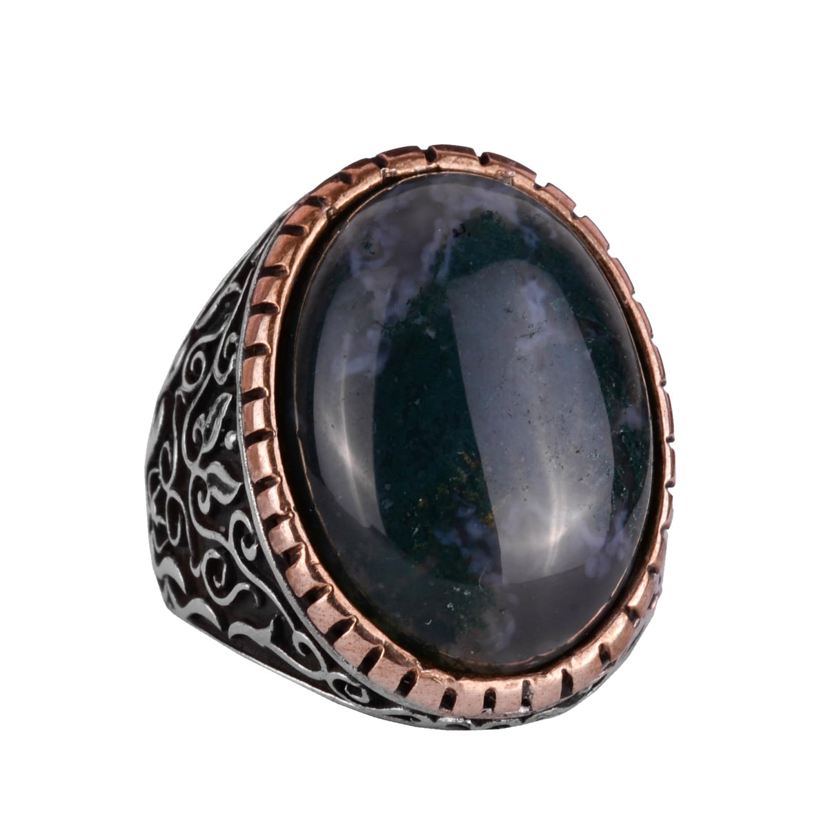 Moss Agate Natural Stone Ring, 925 Sterling Silver Men's Ring