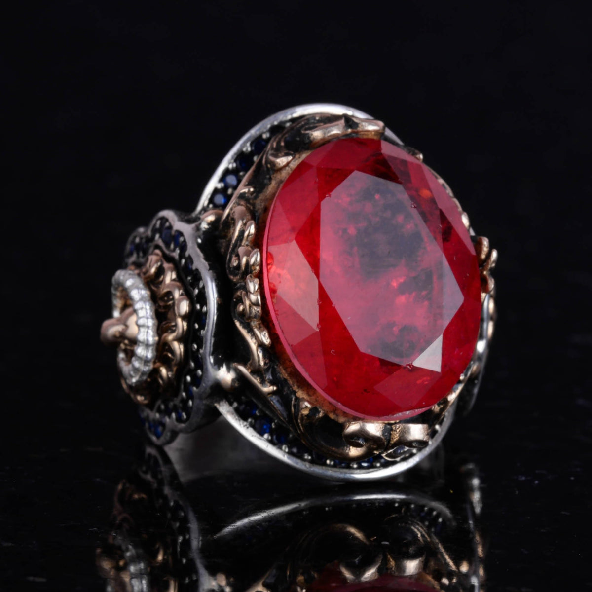 925 Sterling Silver Ring, Red Synthetic Paraiba Stone Ring, Lion Symbol Ring — 4