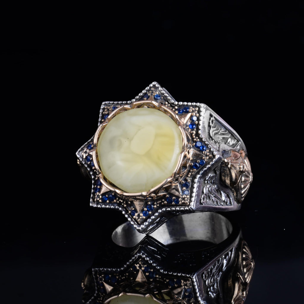 KAMBO 925 Sterling Silver Natural Amber Stone Large Ring – Handmade Men's Jewelry with Star Frame Design (Style-1) — 5