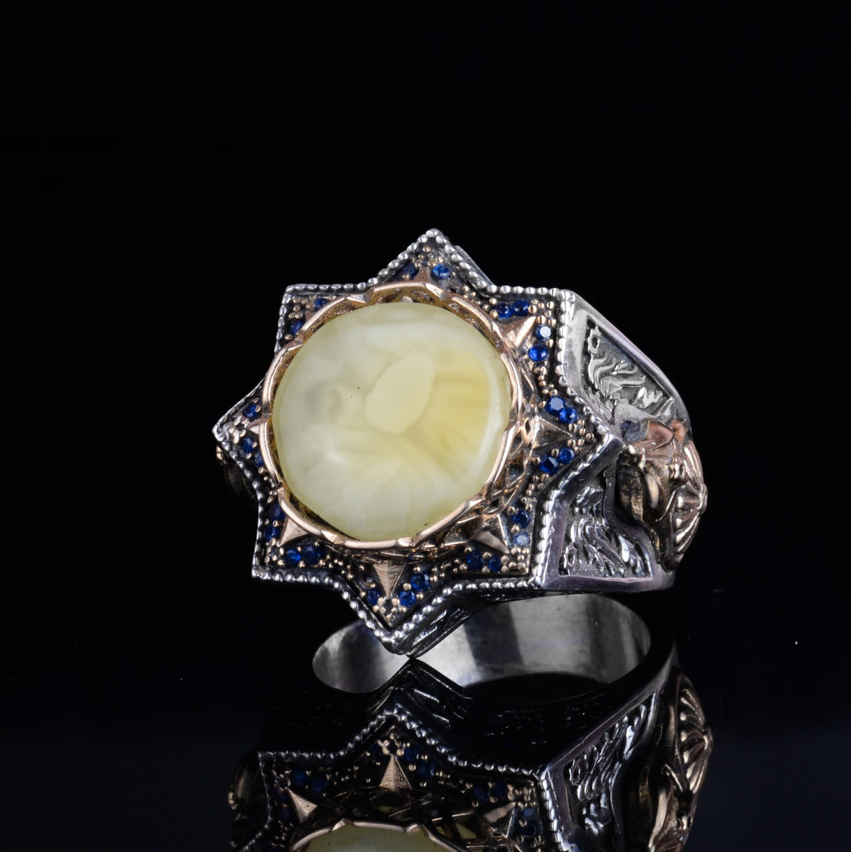 KAMBO 925 Sterling Silver Natural Amber Stone Large Ring – Handmade Men's Jewelry with Star Frame Design (Style-1) — 5