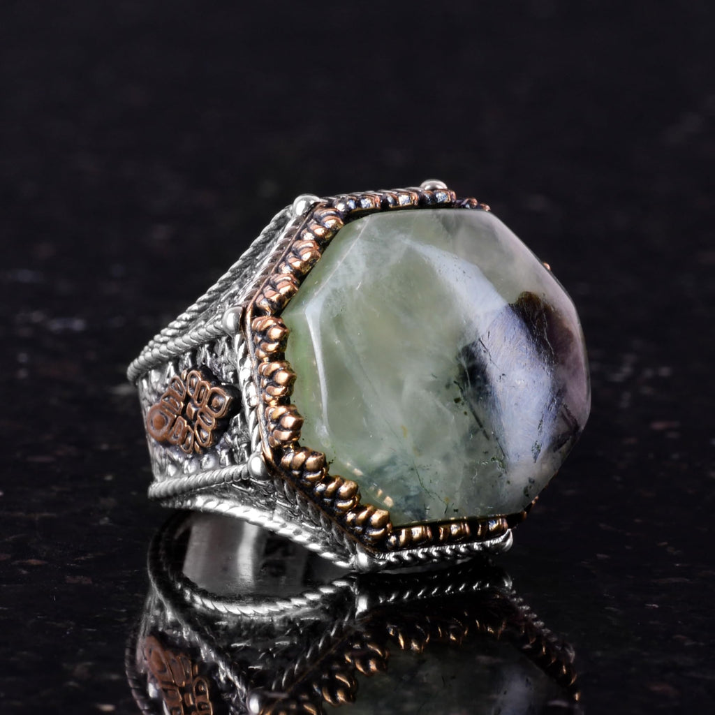 Natural Prehnite Stone Octagonal Ring - Handcrafted 925 Sterling Silver Jewelry — 6
