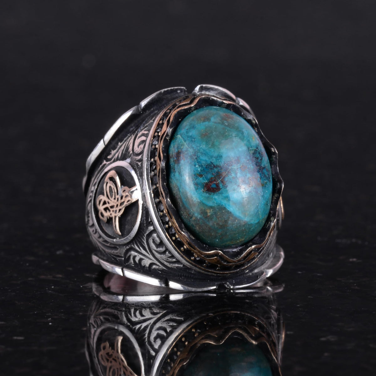 Natural Krysokolla Stone Ring - Ottoman Tugra Silver Ring — 4