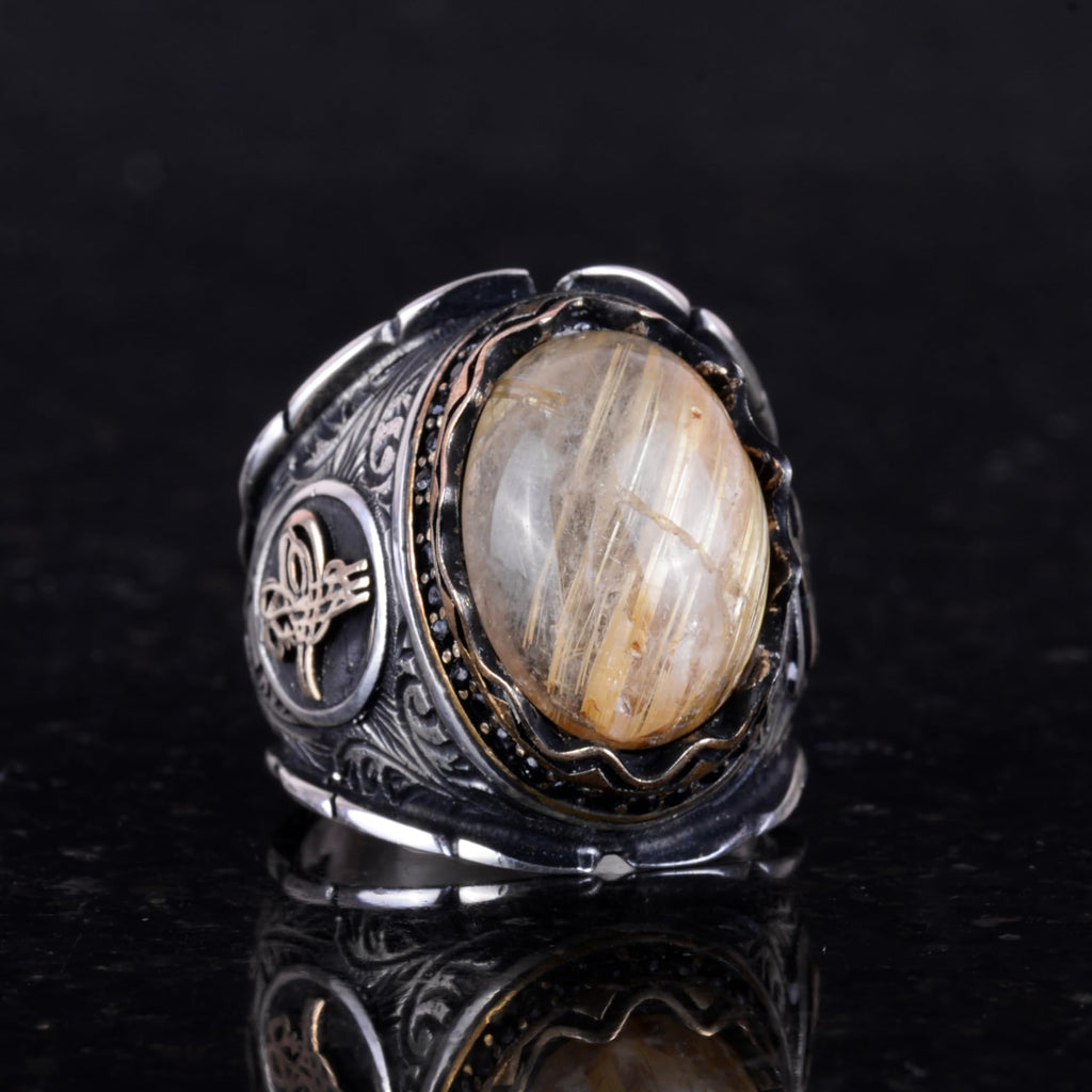 Cabochon Natural Gold Rutilated Quartz Stone Ring - Mystic 925 Sterling Silver Men's Ring — 4