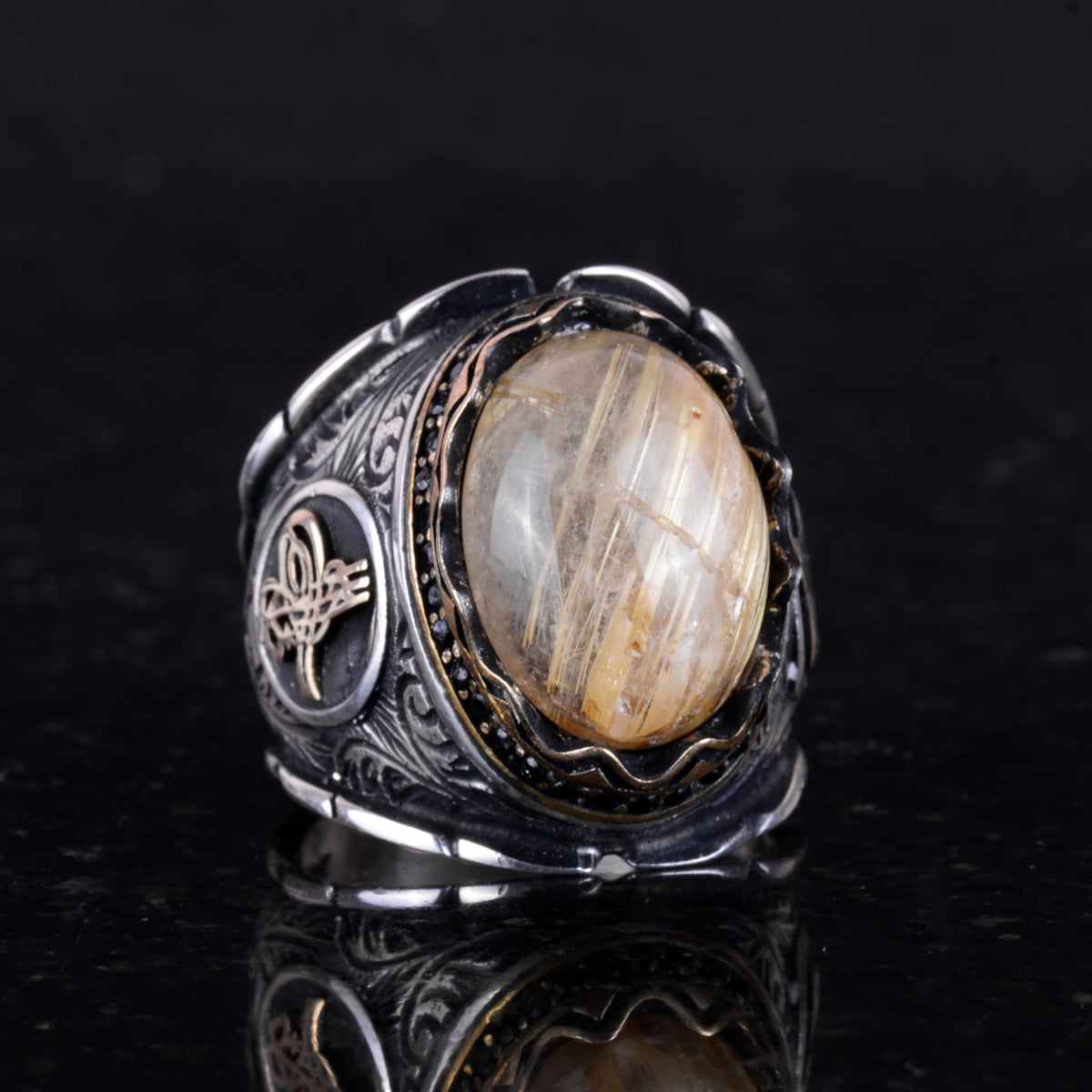 Cabochon Natural Gold Rutilated Quartz Stone Ring - Mystic 925 Sterling Silver Men's Ring — 4