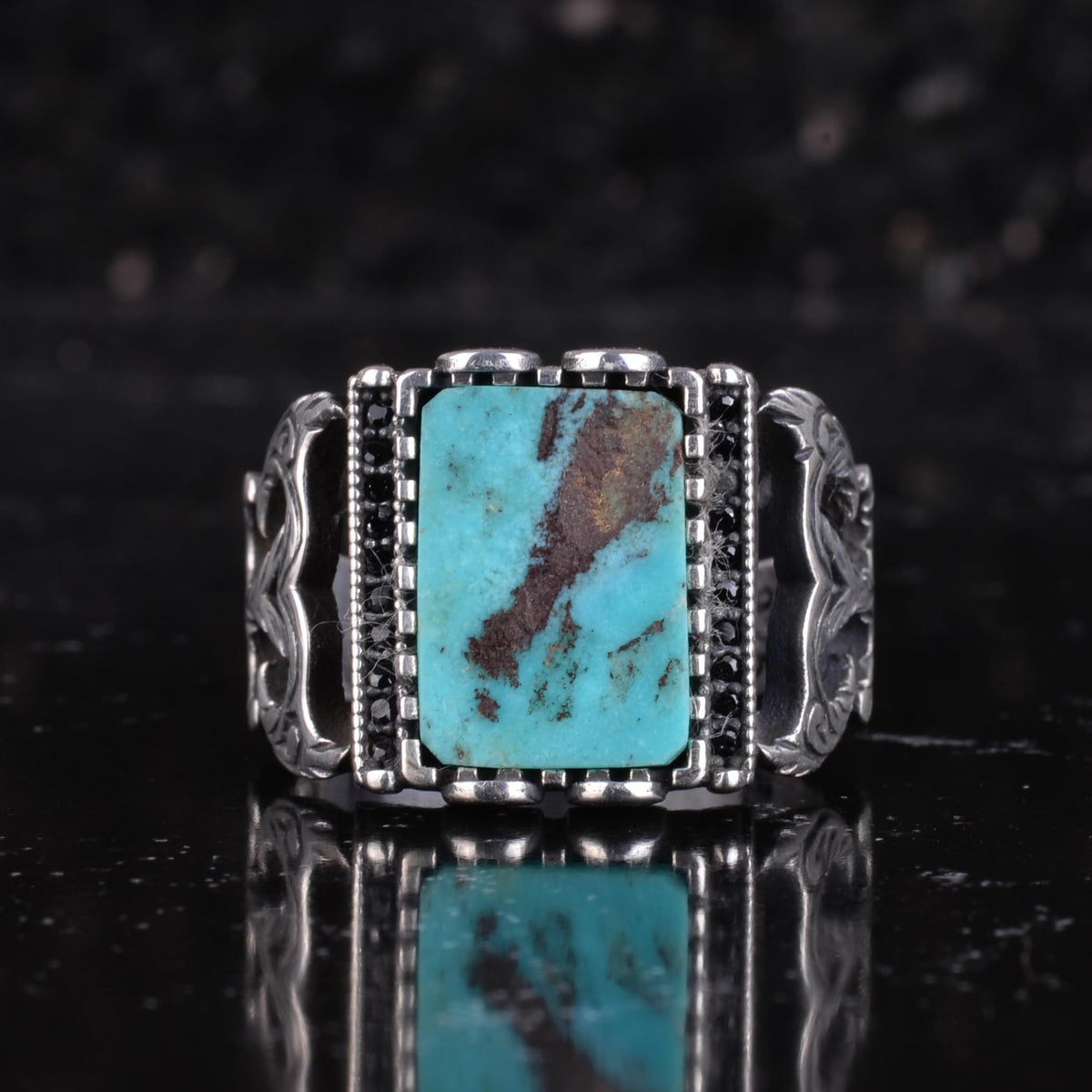 KAMBO Natural Turquoise Stone Men's Ring 925 Sterling Silver Rectangular Handmade Geometric Ring (Turquoise-1) — 4