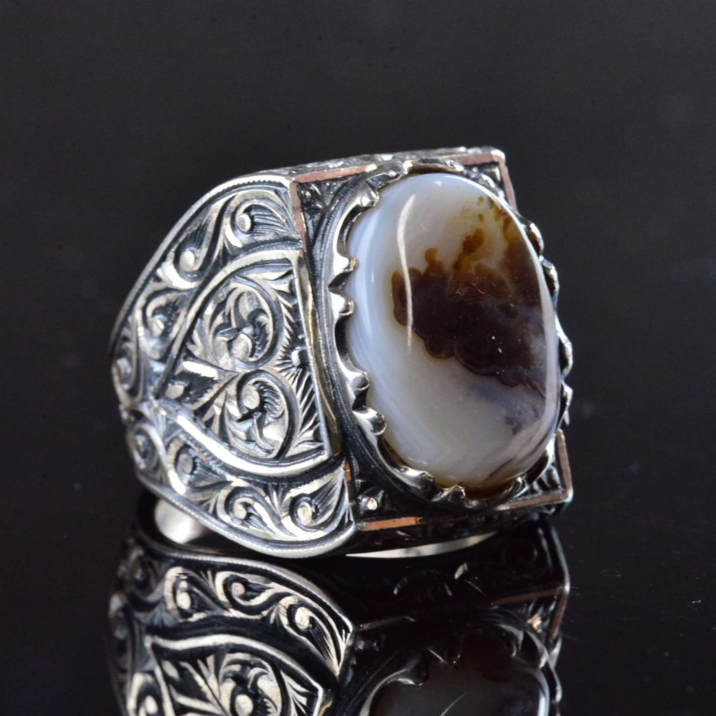 KAMBO Natural Agate 925 Sterling Silver Men's Ring with Yemeni Stone, Intricate Engraved Design, Large Bold Unique Patte