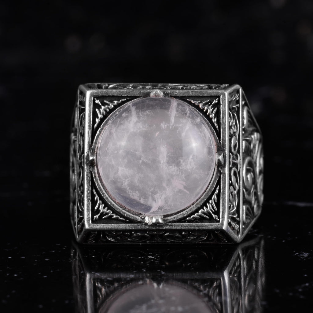 KAMBO Natural Round Stone Square Men's Ring 925 Sterling Silver – Ottoman Pattern Handmade (Model-2) — 3