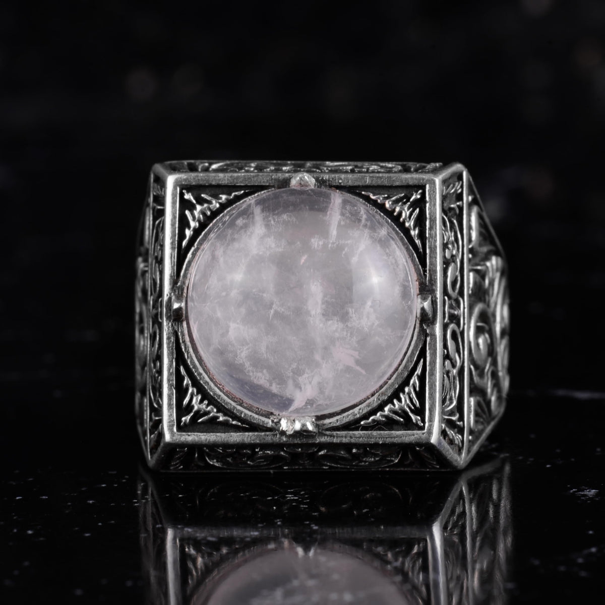 KAMBO Natural Round Stone Square Men's Ring 925 Sterling Silver – Ottoman Pattern Handmade (Model-2) — 3