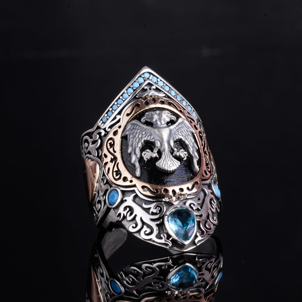 KAMBO Seljuk Double-Headed Eagle Archer Ring – Men's Design Topaz Large Ring – 925 Sterling Silver Handmade Sejuk Symbol (Blue Topaz) — 6