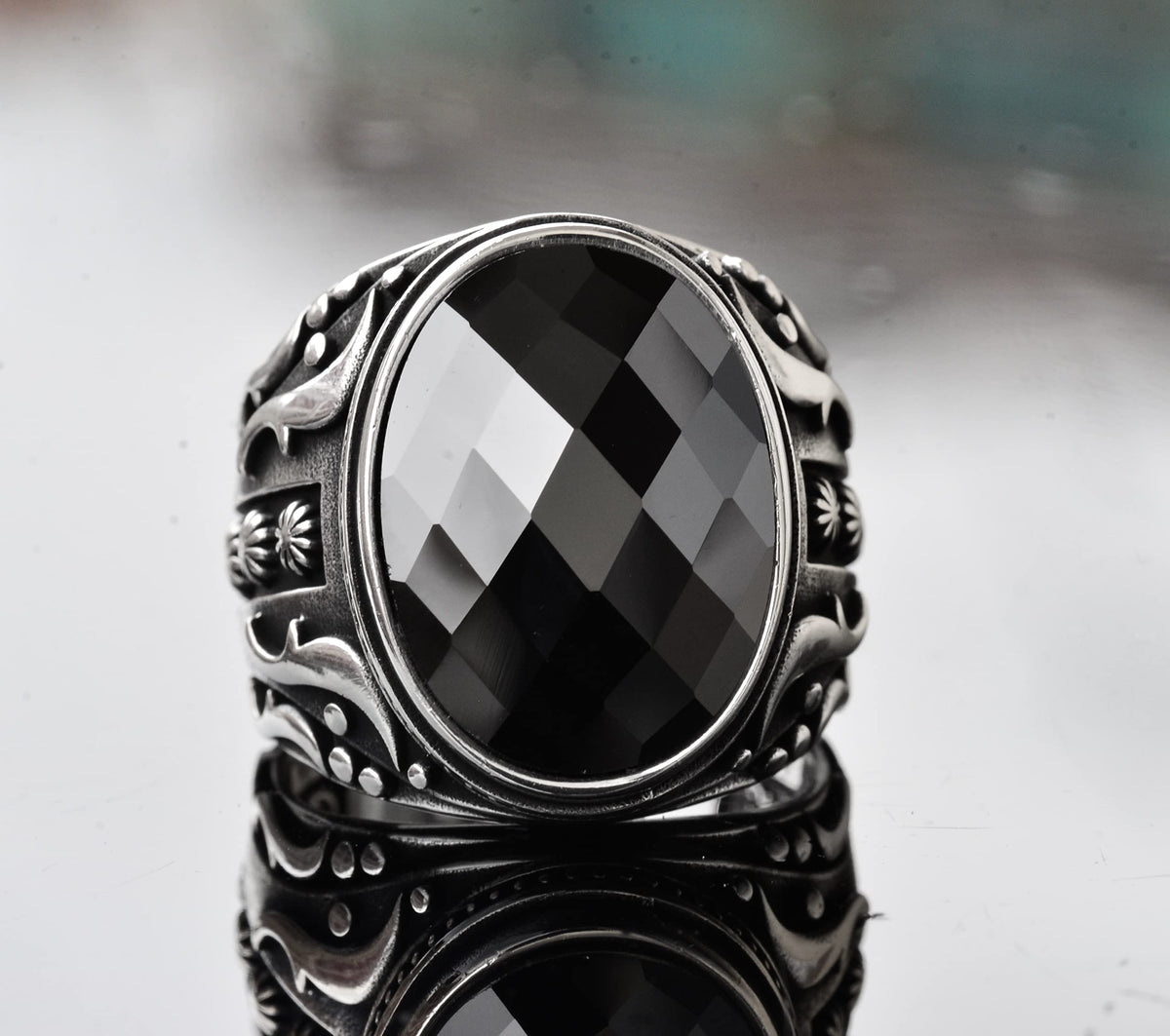 925 Sterling Silver Men's Ring, Natural Black Onyx Stone, Intricate Ethnic Design, Handmade Silver Ring — 2