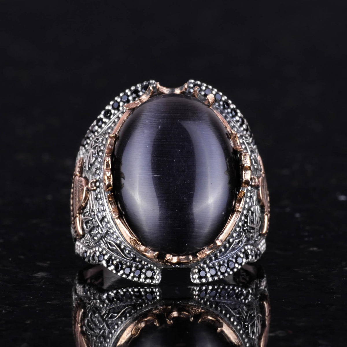 Black Cat Eye Stone Ring, 925 Sterling Silver Stone Ring — 3