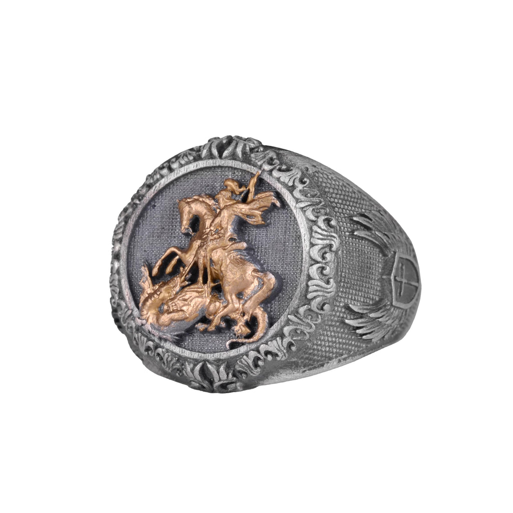 KAMBO 925 Sterling Silver St George and Dragon Men's Ring – Handcrafted Medieval Knight Signet Ring – Solid Silver Artis