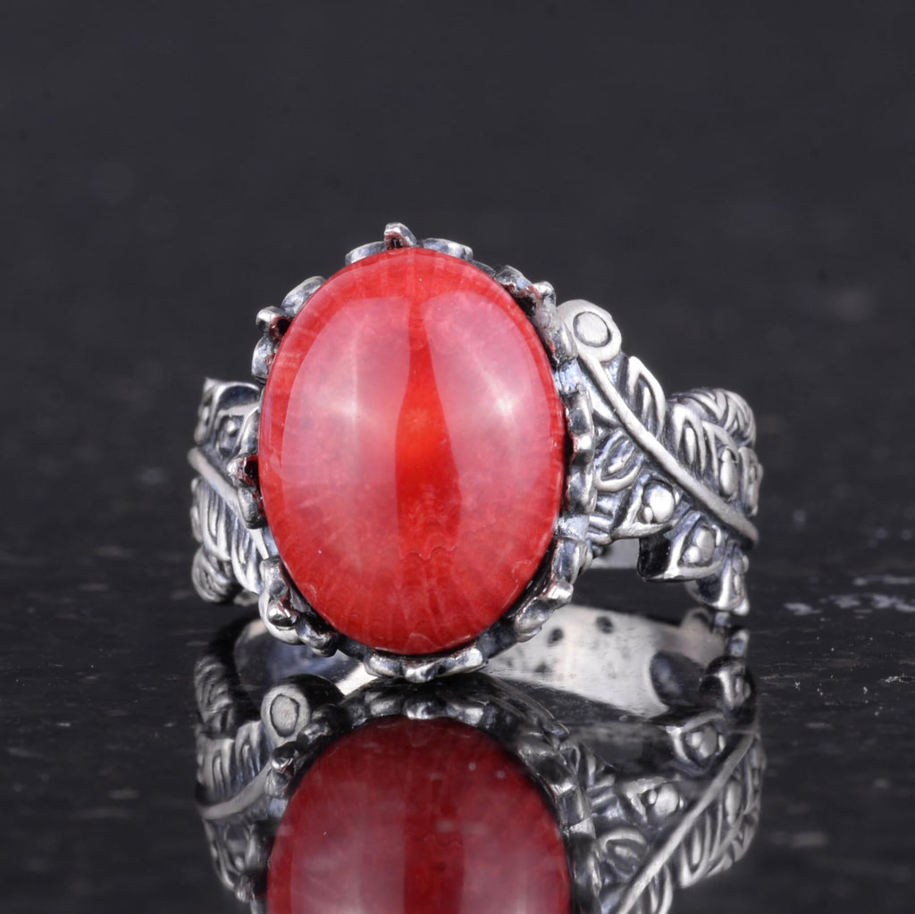 Silver Women's Ring with Natural Red Coral Stone — 6