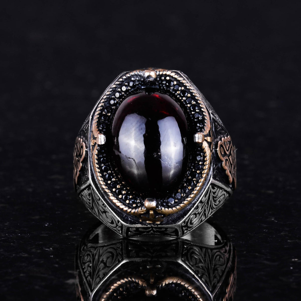 Natural Cabochon Garnet Stone Ring - 925 Sterling Silver Men's Ring — 3