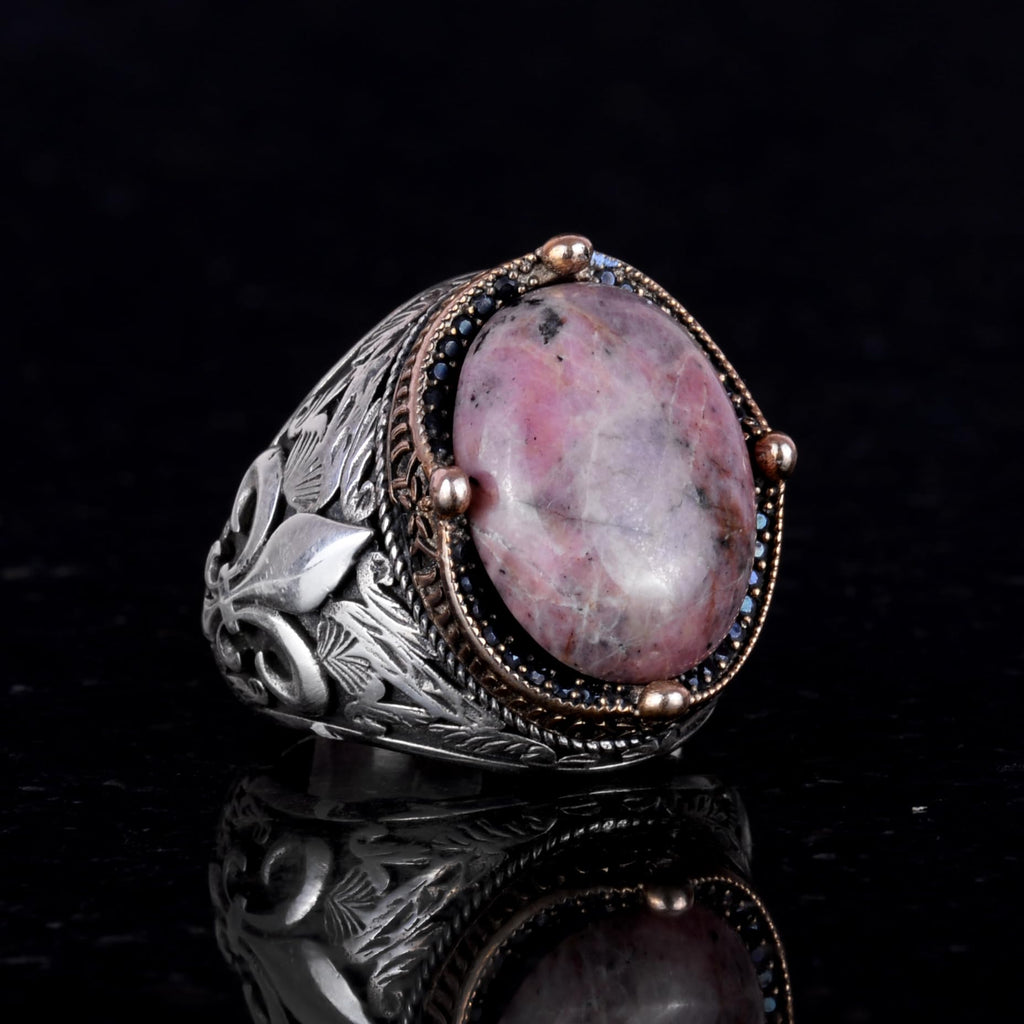 925K Silver Handmade Men's Ring - Available with Various Natural Stones (Rhodonite) — 4