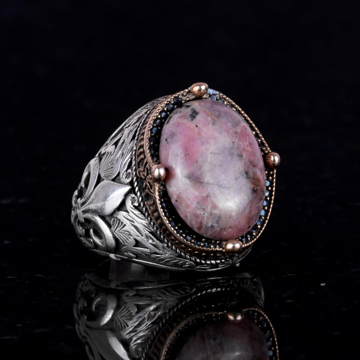 925K Silver Handmade Men's Ring - Available with Various Natural Stones (Rhodonite) — 4