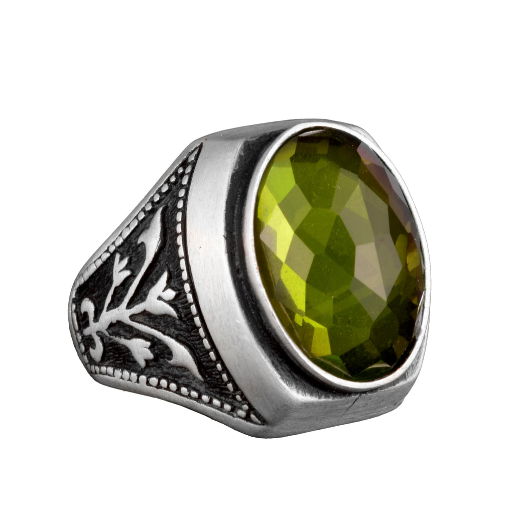 925 Sterling Silver Ring, Natural Peridot Stone Men's Ring
