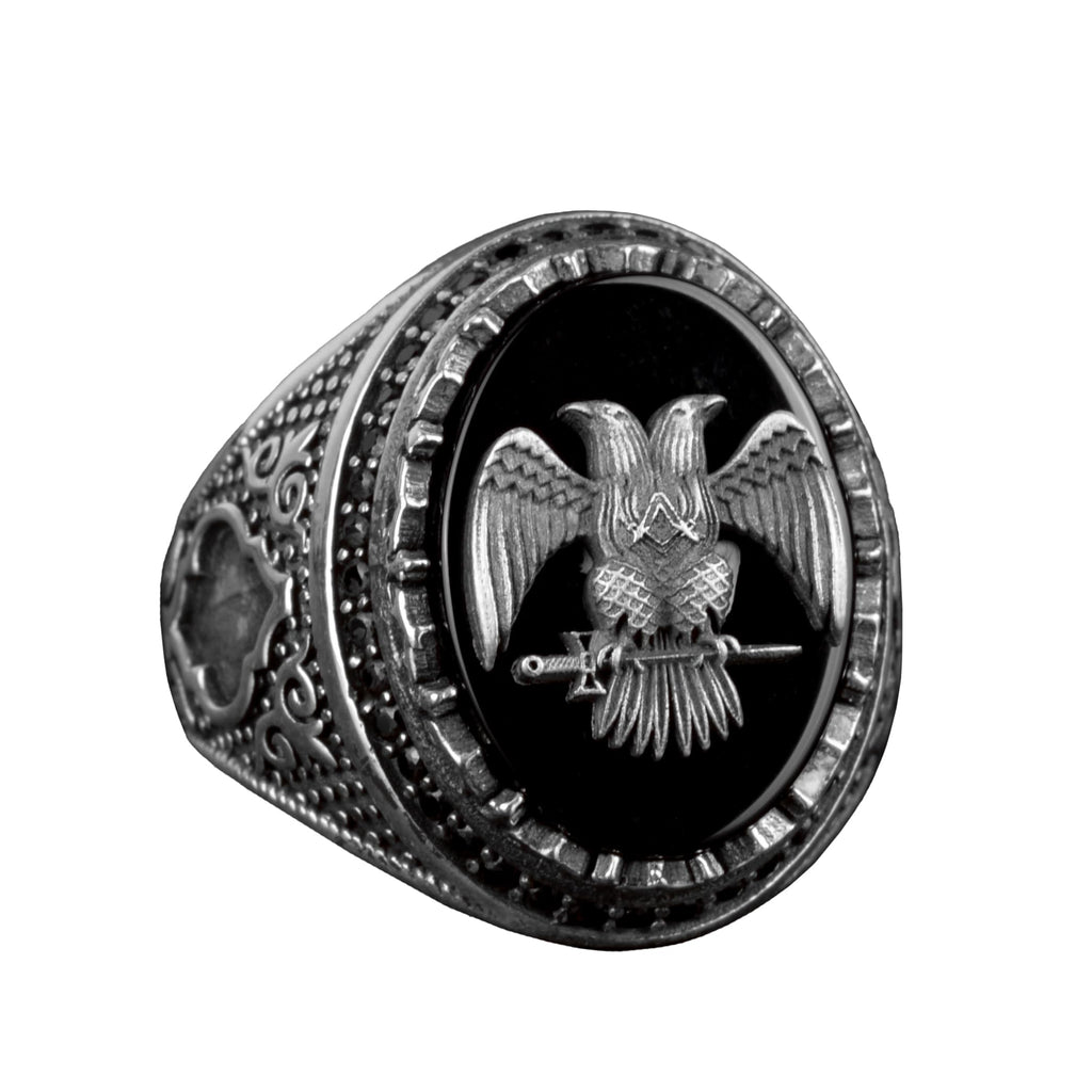 KAMBO Handmade 925 Sterling Silver Men's Ring with Obsidian Stone and Double Headed Eagle Emblem - Vintage Byzantium Sty