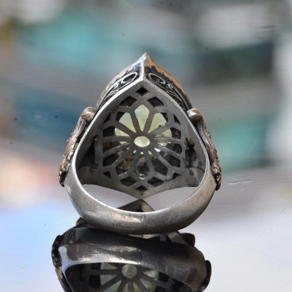 925 Sterling Silver Men's Ring with Natural Prehnite Stone, Ottoman Style Ring, Green Prehnite Stone — 9