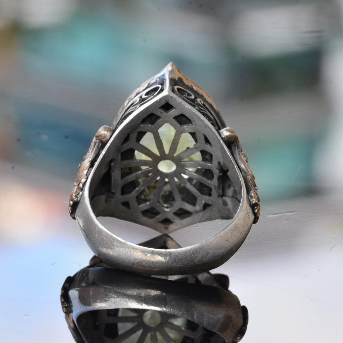 925 Sterling Silver Men's Ring with Natural Prehnite Stone, Ottoman Style Ring, Green Prehnite Stone — 9