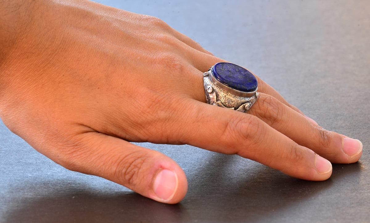 Men's Natural Lapis Lazuli Ring, 925 Sterling Silver, Handcrafted Medieval Design — 6