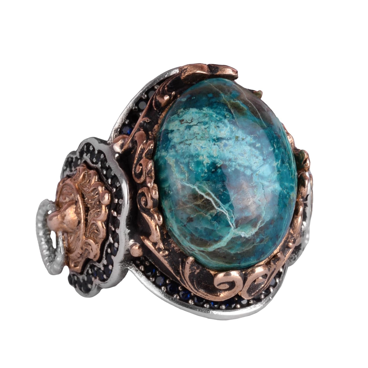 925 Sterling Silver Men's Ring, Natural Chrysocolla Stone Ring, Lion Head Ring