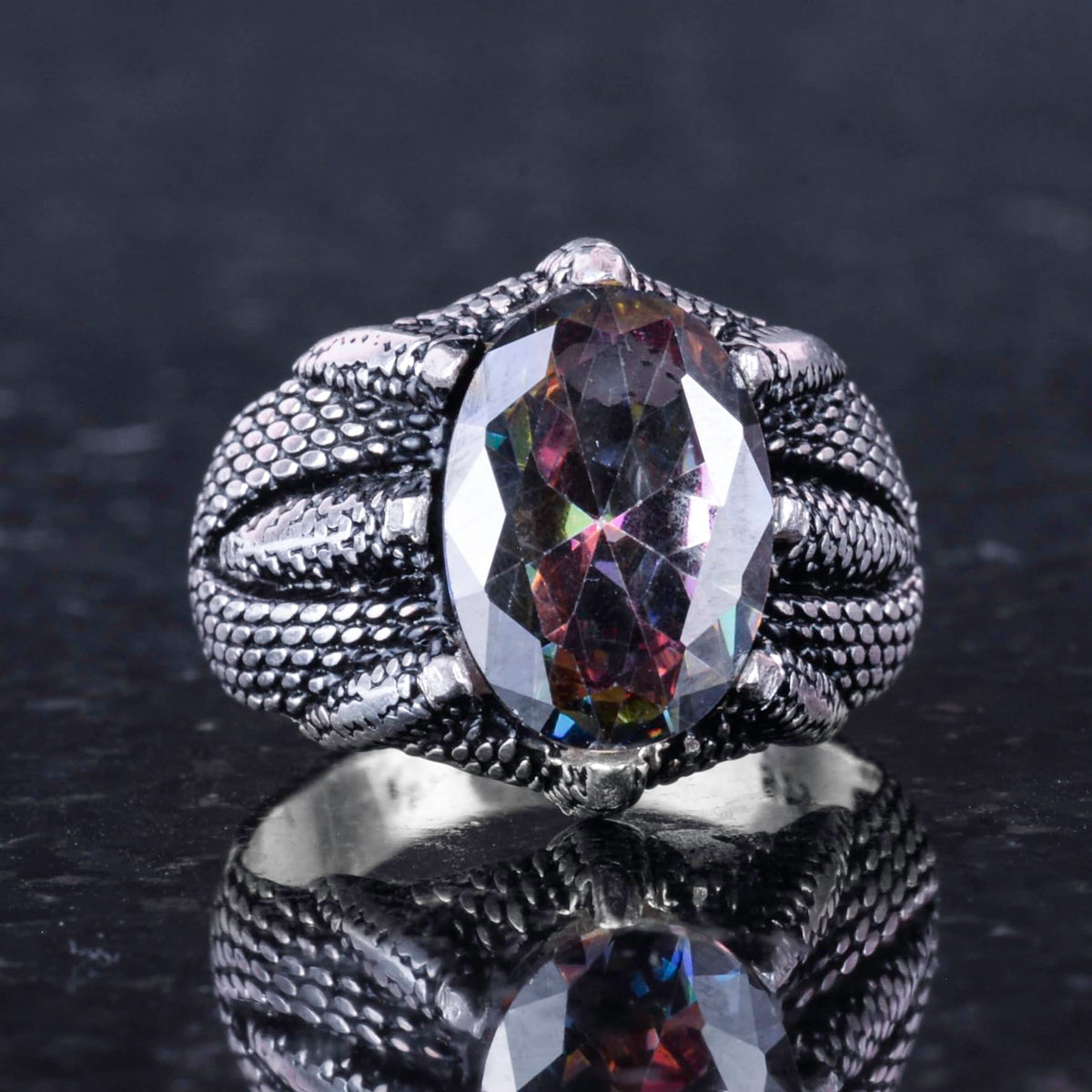 KAMBO Sterling Silver Claw Ring with Created Mystic Topaz – Handmade 925 Sterling Silver Ring for Sagittarius Balance an