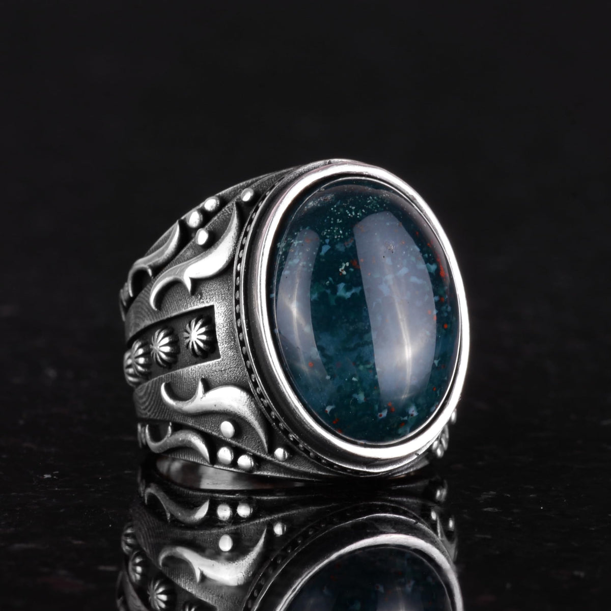 Natural Green Bloodstone Ring, 925 Sterling Silver Ring, Designer Silver Men's Ring — 6