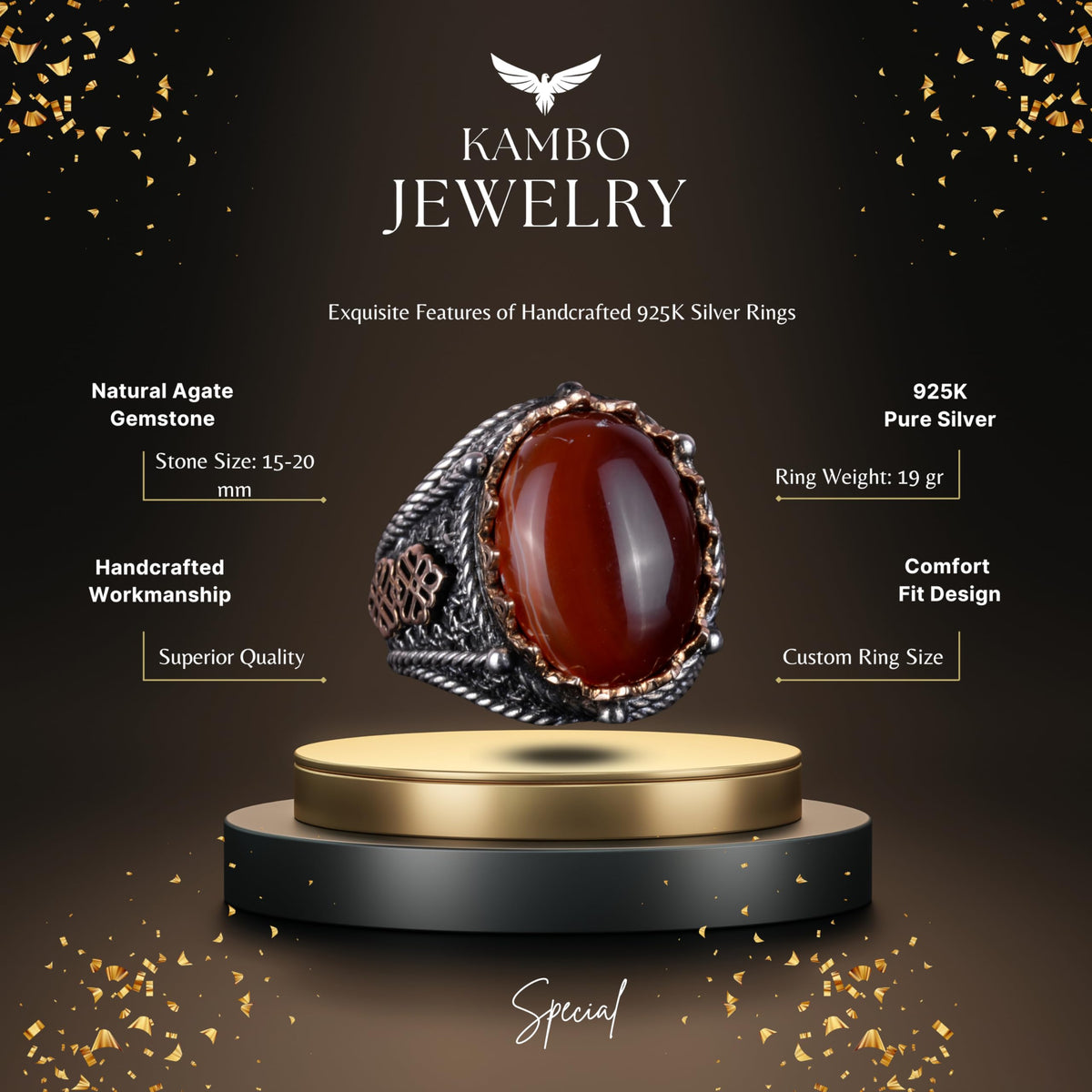 Handcrafted Natural Red Agate Stone Ring, 925 Sterling Silver (Model-2) — 6