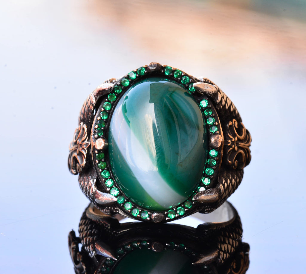 Handmade 925 Sterling Silver Men's Ring, Natural Green Agate Stone, Intricate Claw Design, Different Band Ring — 2