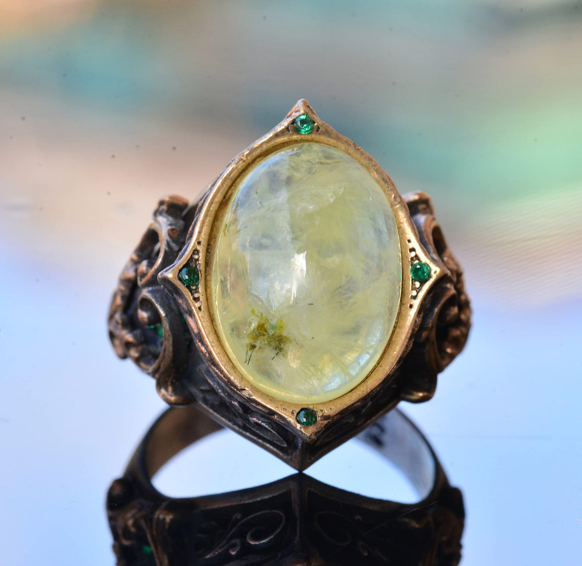 925 Sterling Silver Men's Ring with Natural Prehnite Stone, Ottoman Style Ring, Green Prehnite Stone — 8