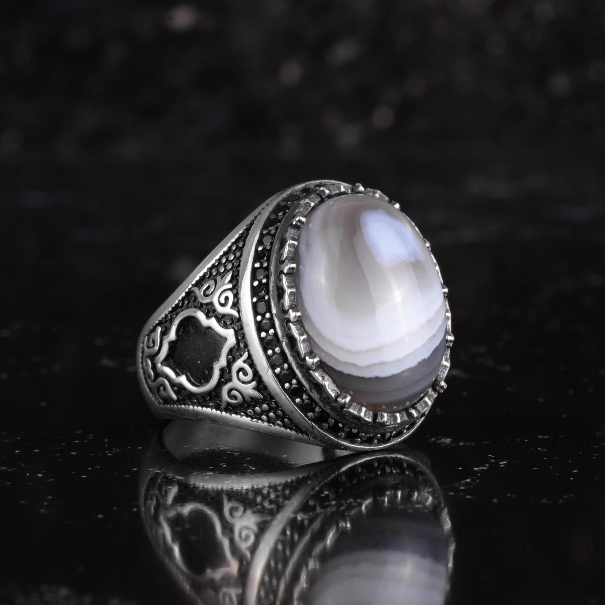 KAMBO Natural Agate Stone Men's Ring – Band Stone – 925 Sterling Silver Handmade Statement Ring – Vintage Ottoman Style Men's Jewelry (Agate-2) — 5
