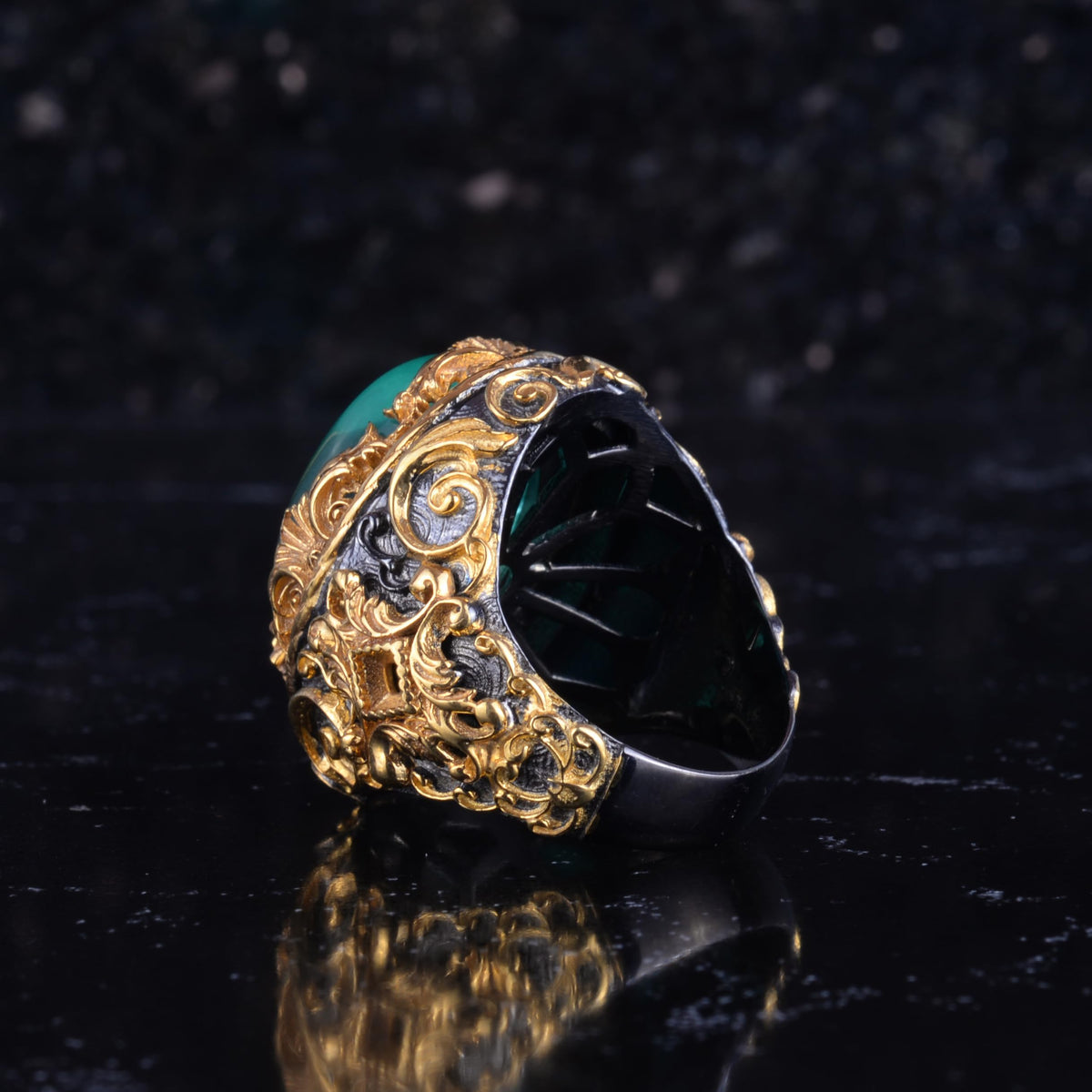 KAMBO Synthetic Paraiba Stone Men's Ring - Gold Plated 925 Sterling Silver - Large Oval Green Stone Handmade Ring — 8