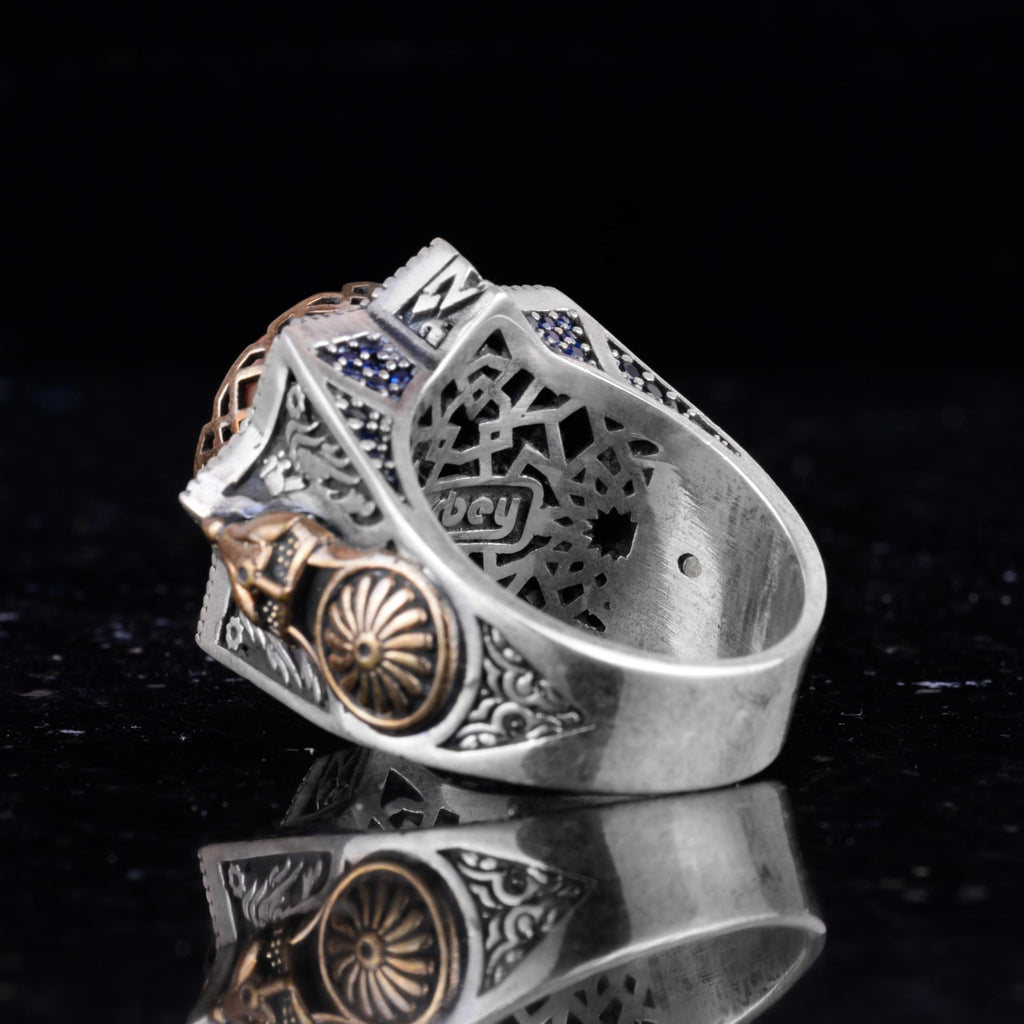 Silver Agate Stone Ring, Natural Red Agate Men's Ring, Vintage Star Design — 5