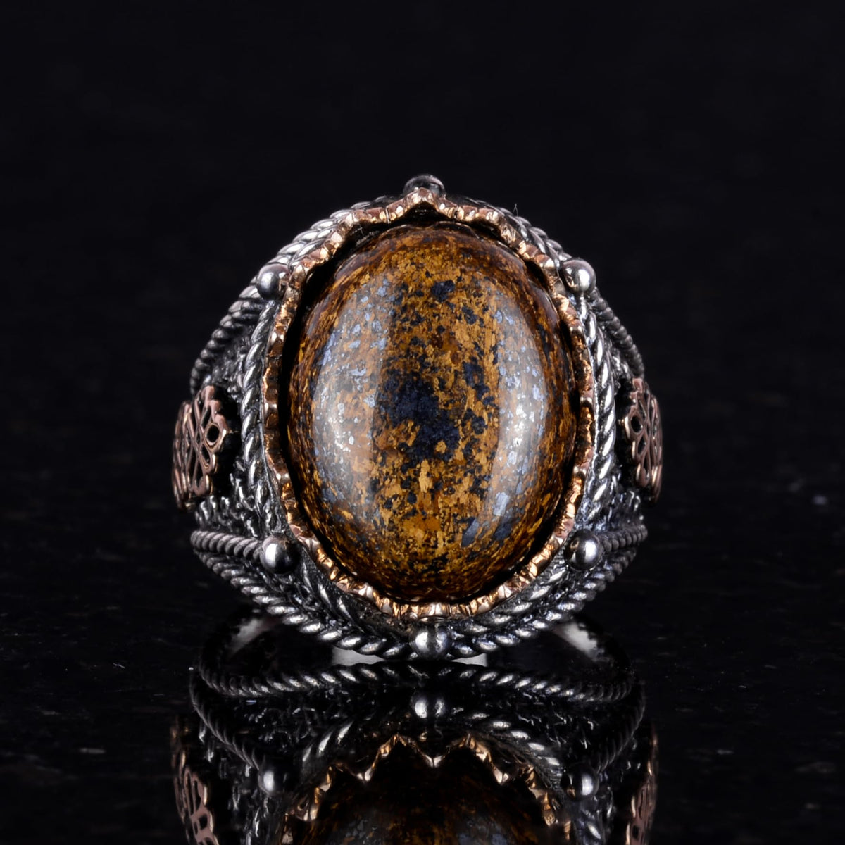 Handmade Natural Bronzite Stone Ring - 925 Sterling Silver Men's Ring — 2