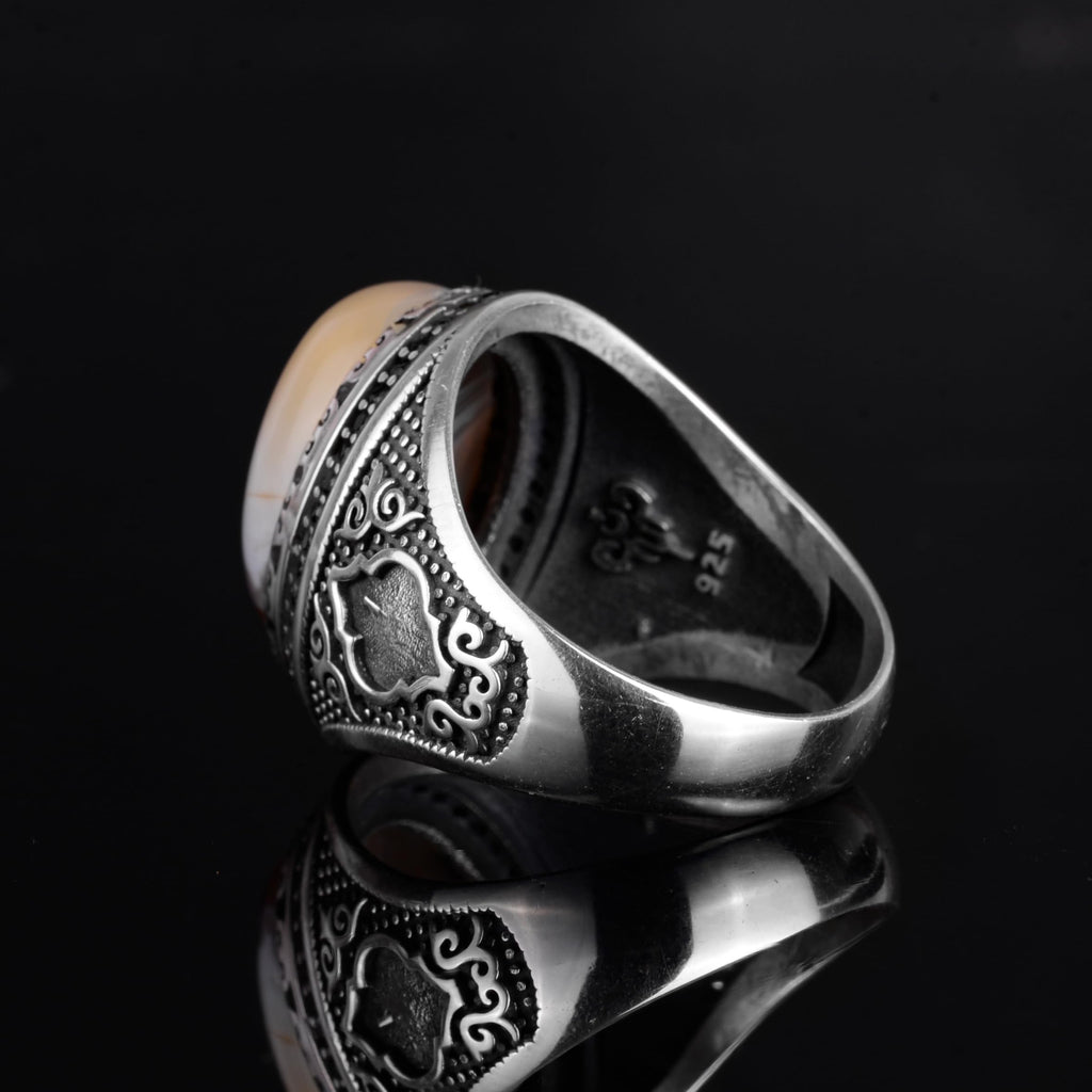 KAMBO Men's Natural Agate Stone Ring – 925 Sterling Silver Handmade Ottoman Star Motif Statement Ring – Islamic Heritage Jewelry (Style-1) — 7