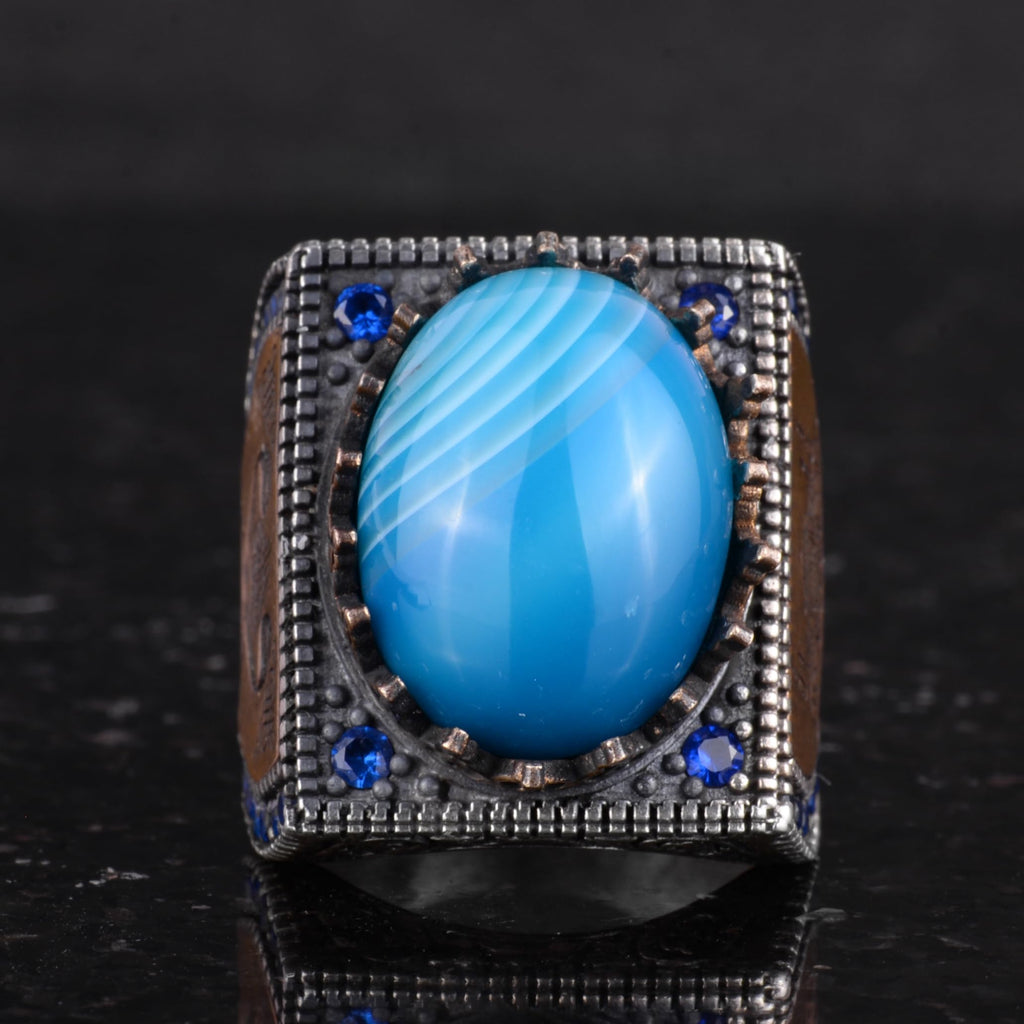Natural Blue Agate Stone Ring - 925 Sterling Silver Islamic Ring — 4
