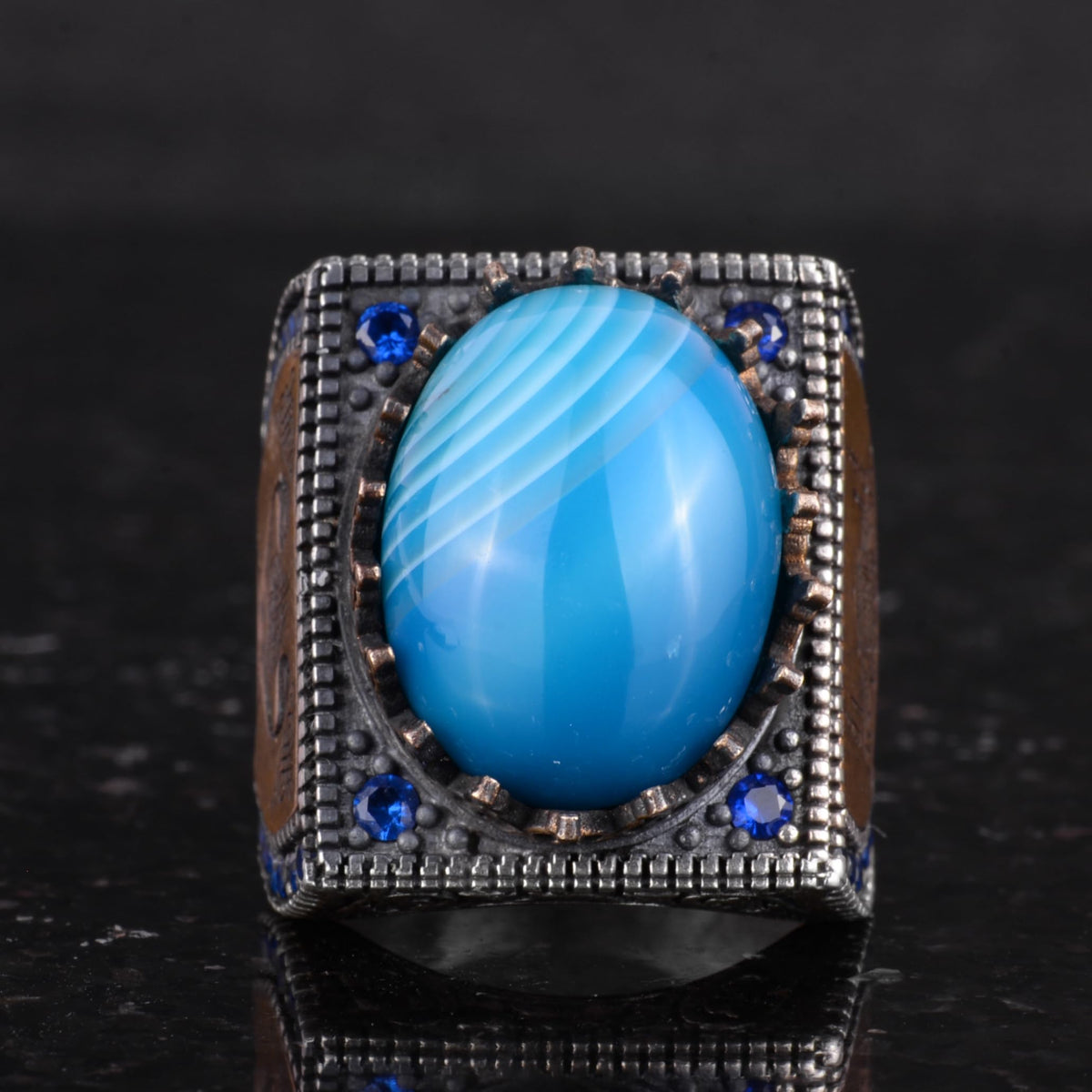 Natural Blue Agate Stone Ring - 925 Sterling Silver Islamic Ring — 4