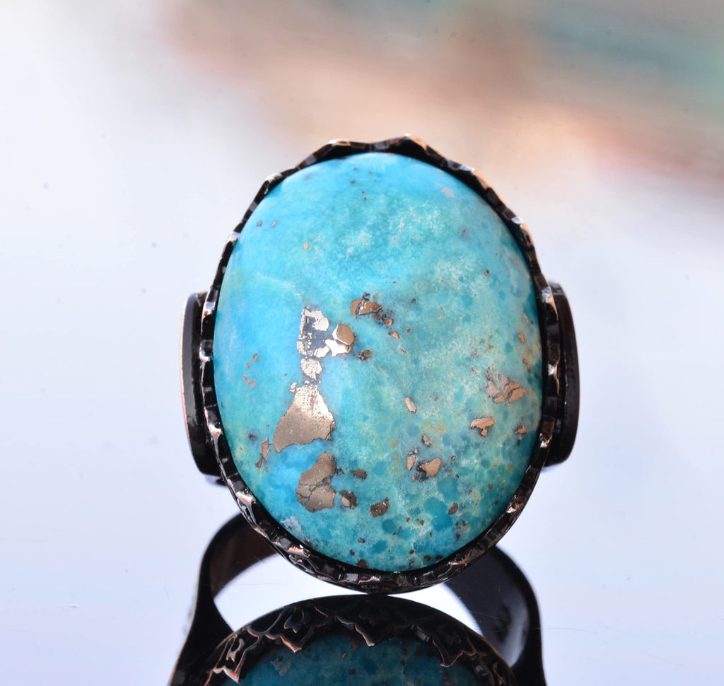 KAMBO Handmade Men's Natural Turquoise Ring in 925 Sterling Silver - Large Vintage Statement Ring for Him - Unique Style