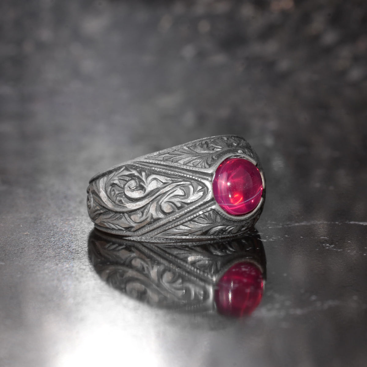 KAMBO Natural Star Ruby Stone Ring for Men 925 Sterling Silver Handmade Seal Ring Vintage Engraved Minimal Design Asterism Ruby — 5